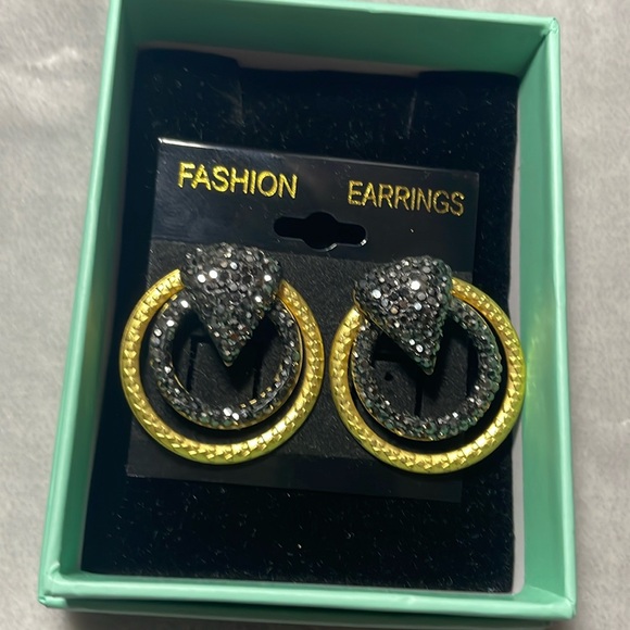 Women’s black rhinestone and gold earrings triangle and circle Hollywood - Picture 1 of 5